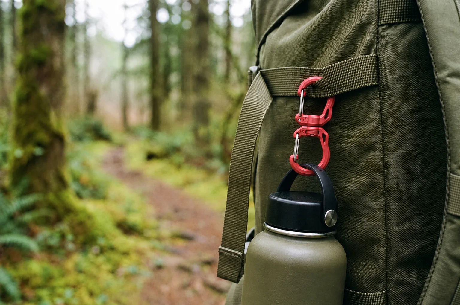 Red AEGIS EDC carabiner holding a water bottle on the side of a backpack